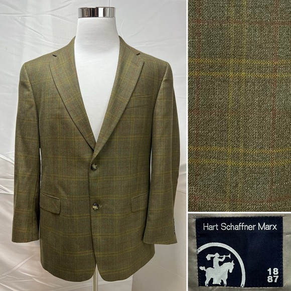 Hart Schaffner Marx Men's 43R Olive Windowpane Plaid 2-Button Blazer Suit Jacket - Picture 2 of 9
